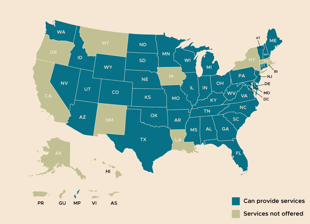 A map of the USA showing states and territories that Psypact members can practice in: Alabama, Arizona, Arkansas, Colorado, Connecticut, Delaware, District of Columbia, Florida, Georgia, Idaho, Illinois, Indiana, Kansas, Kentucky, Maine, Maryland, Michigan, Minnesota, Mississippi, Missouri, Nebraska, Nevada, New Hampshire, New Jersey, North Carolina, North Dakota, Northern Mariana Islands, Ohio, Oklahoma, Pennsylvania, Rhode Island, South Carolina, South Dakota, Tennessee, Texas, Utah, Vermont, Virginia, Washington, West Virginia, Wisconsin, and Wyoming